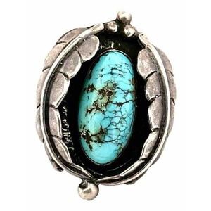 Vintage Sterling Silver Turquoise Feather Large Ring Old Pawn